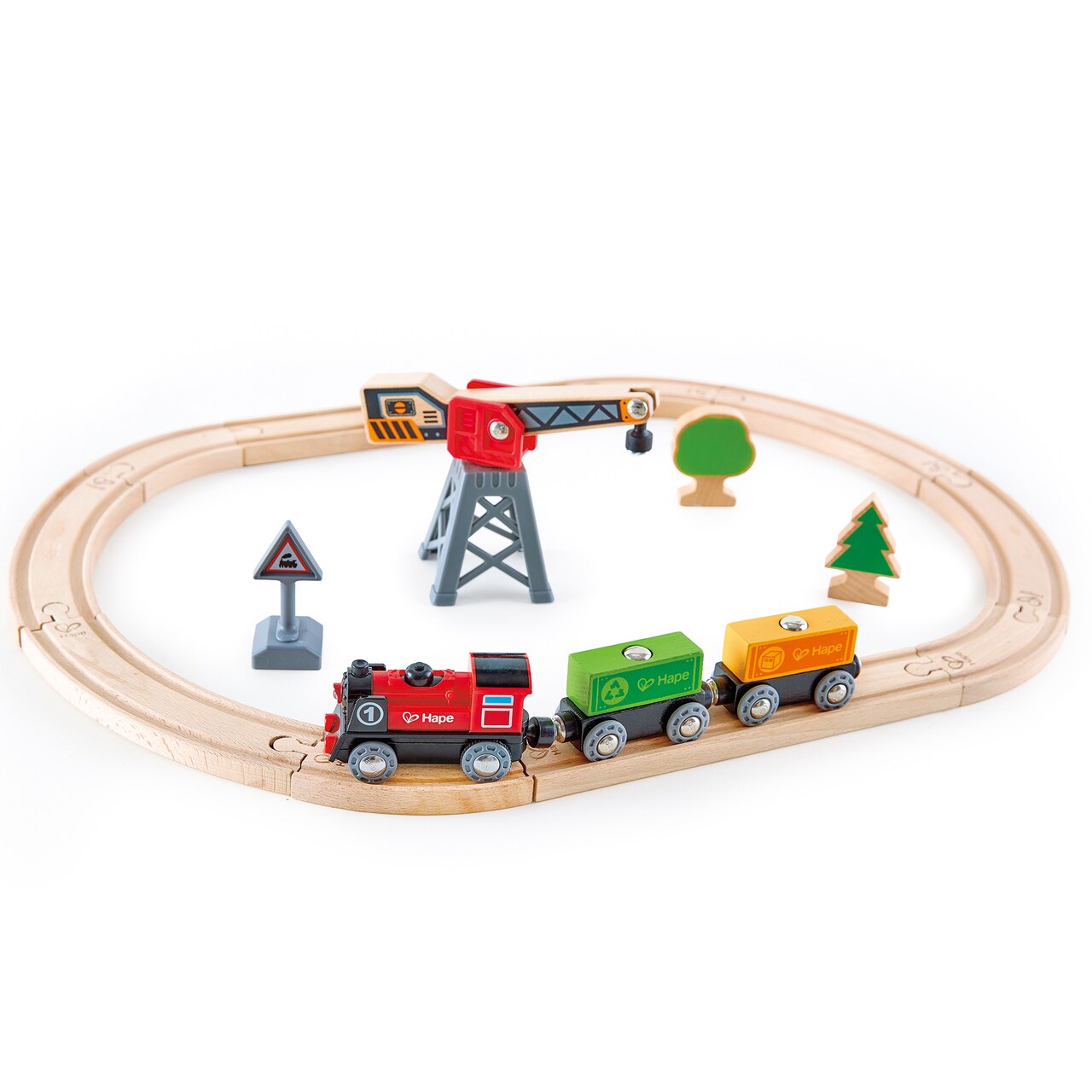 Hape: Cargo Delivery Loop - Battery Powered Engine, Oval Track Railway Set, Wooden Toy, 3 Magnetic Linking Trains, Crane, Accessories, Kids Ages 3+